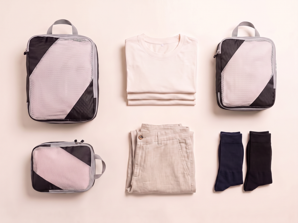 AI-generated packing illustration with three black packing cubes beside folded clothing.